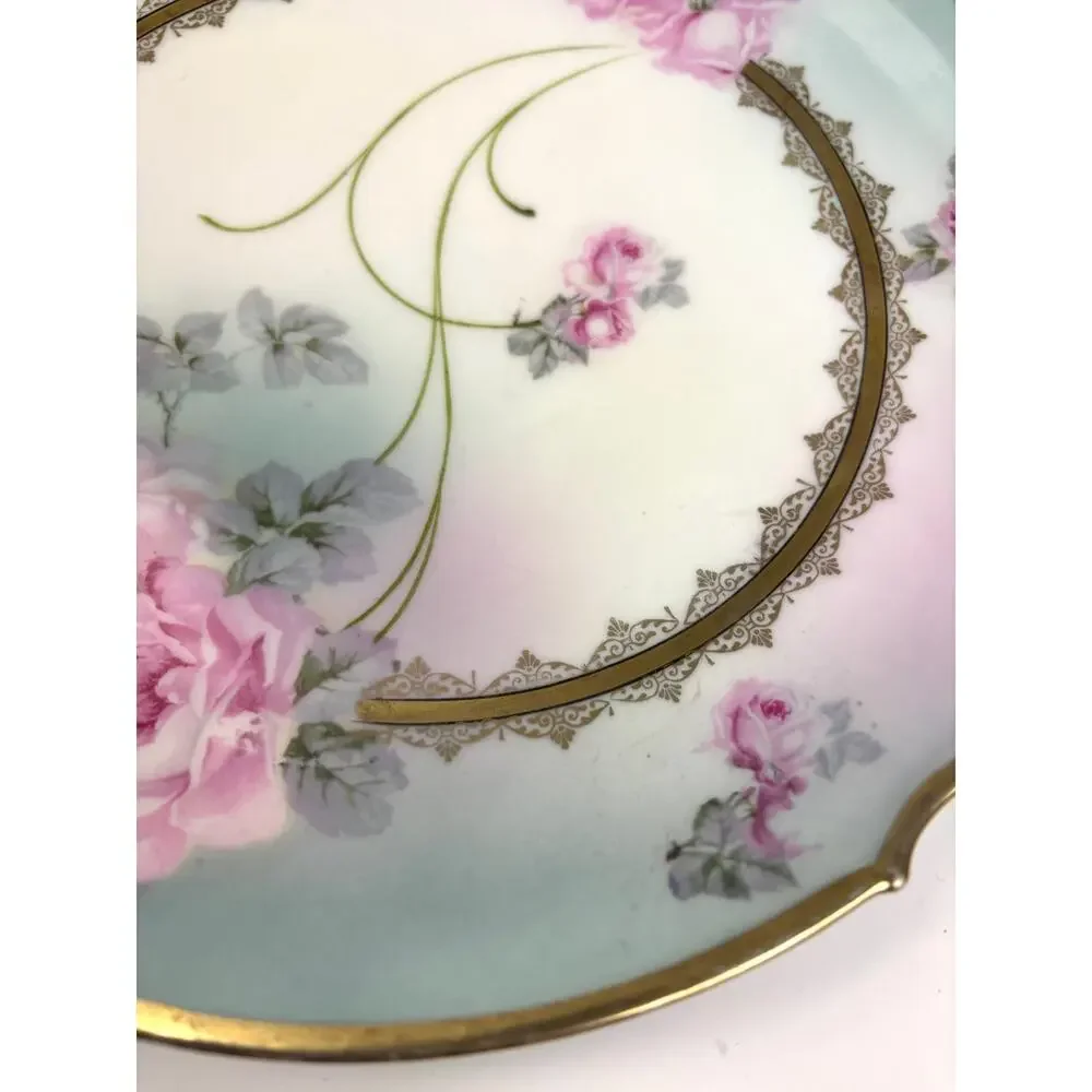 Antique Bavaria Germany Hand-Painted Porcelain Cake Plate Double‎ Handle Roses